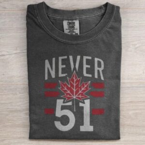 Never 51 T-shirt with Maple Leaf and Stripes Design