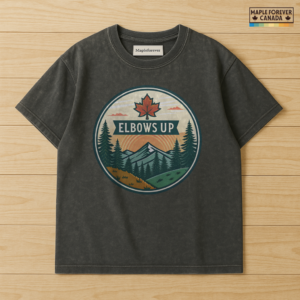 Elbows Up Maple Leaf Mountain Sunrise Emblem - T-Shirt